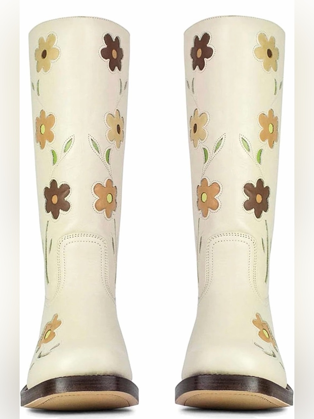 NWT-Knee High Riding Boots with Flowers Square Toe Chunky Heel Motorcycle Boots - Picture 4 of 11